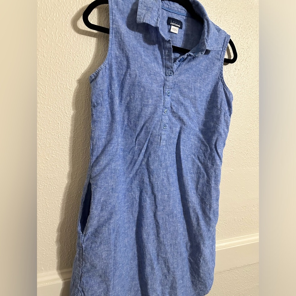 Basic Editions Sleeveless Collared Blue Linen Ble… - image 2